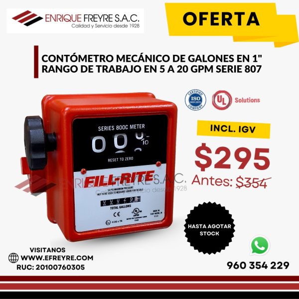 Contómetro Mecánico De Galones 1” Serie 807 (Tipo Fill-Rite) – Rango 5 a 20 GPM Para Control De Combustible