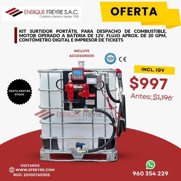 Kit Surtidor Portátil 12V Para Despacho De Combustible 20 GPM Con Contómetro Digital E Impresor De Tickets